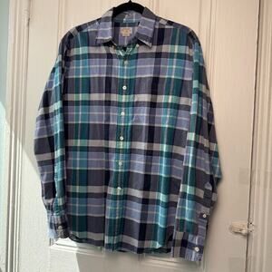 J Crew Shirt Mens Medium Blue Summer Plaid Button Up Long Sleeve Collared Cotton